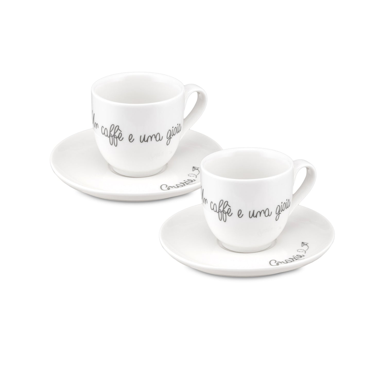 Set di due tazzine caffè in porcellana bianca con piattini e scritte emozionali collezione Gli Onesti.