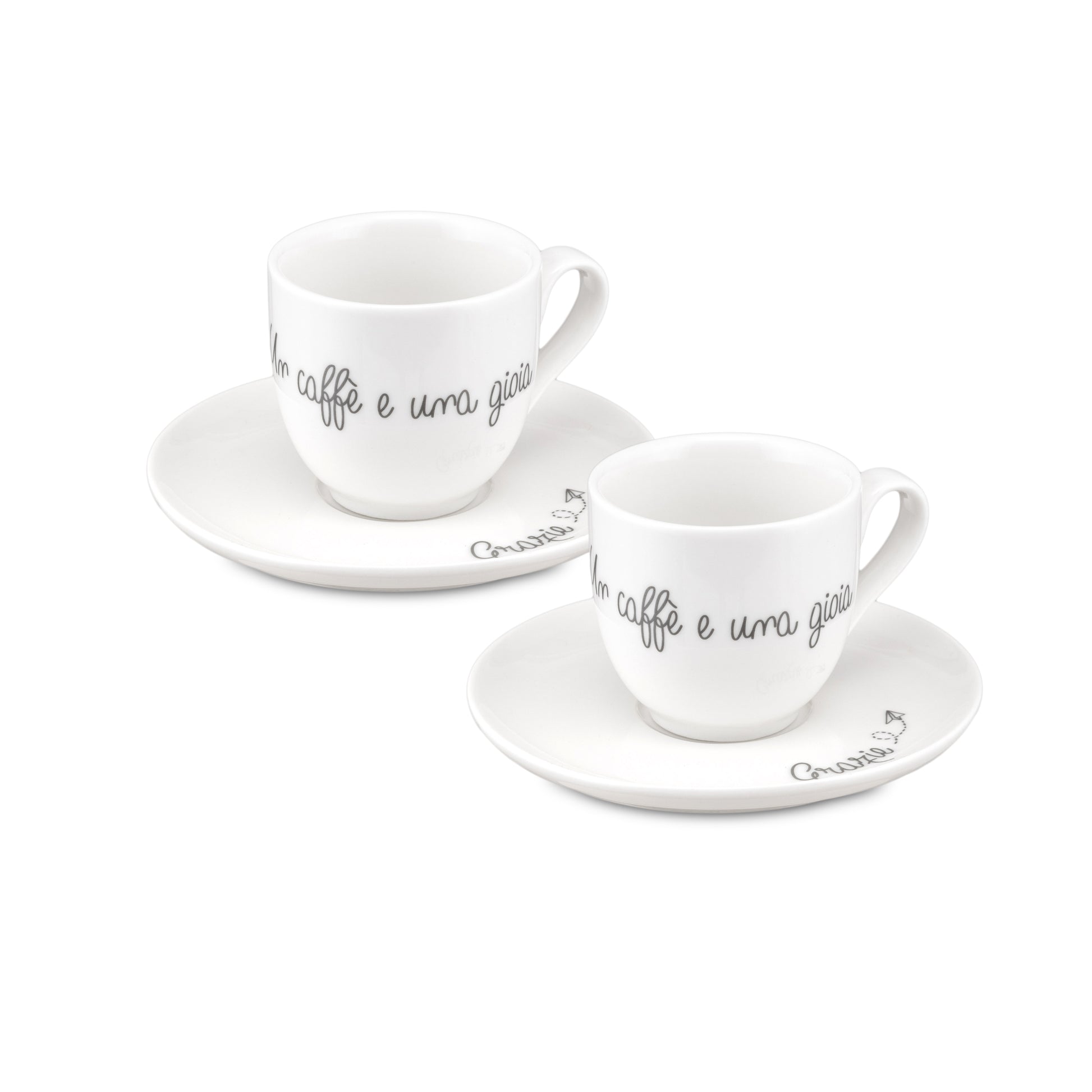 Set di due tazzine caffè in porcellana bianca con piattini e scritte emozionali collezione Gli Onesti.