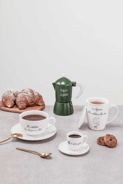 Set di due tazzine caffè in porcellana bianca con piattini e scritte emozionali collezione Gli Onesti.