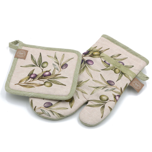 Set guantone da forno e presina – collezione Olyvia – Rose & Tulipani – motivo foglie d’ulivo

