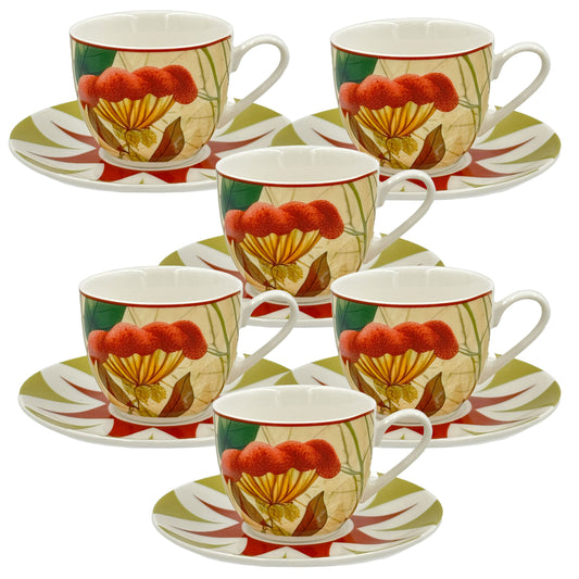 Set di 6 tazzine da caffè con piattino in porcellana decorata contenuta in un abbinato astuccio. Capacità: 90 ml Rose e Tulipani