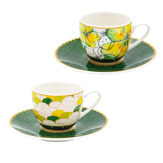 Set 2 tazzine da caffè con piattino – 90 ml – porcellana decorata – Rose & Tulipani – collezione Mirabilia

