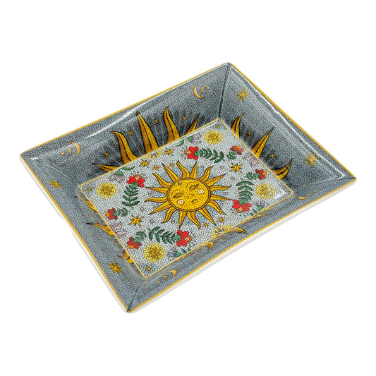 Svuotatasche rettangolare in porcellana decorata – Rose & Tulipani – collezione Mirabilia – decoro Sole & Luna – confezione regalo inclusa

