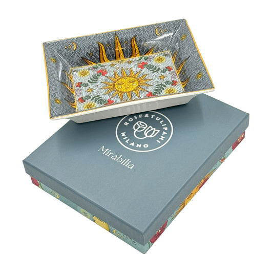 Svuotatasche rettangolare in porcellana decorata – Rose & Tulipani – collezione Mirabilia – decoro Sole & Luna – confezione regalo inclusa

