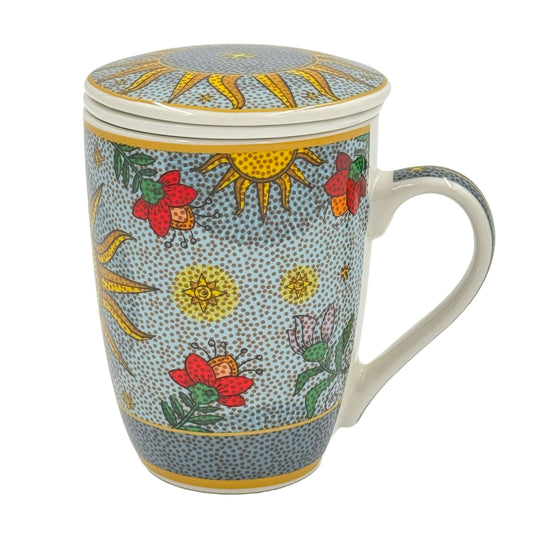 Tisaniera in porcellana decorata – 300 ml – con filtro e coperchio – Rose & Tulipani – collezione Mirabilia – decoro Sole & Luna

