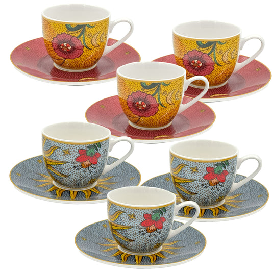 Set 6 tazzine da caffè con piattino – 90 ml – porcellana decorata – Rose & Tulipani – collezione Mirabilia – decoro Sole & Luna – confezione regalo inclusa

