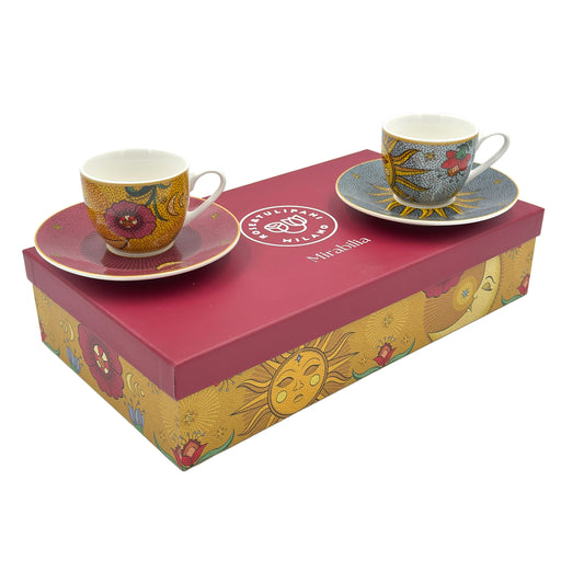 Set 6 tazzine da caffè con piattino – 90 ml – porcellana decorata – Rose & Tulipani – collezione Mirabilia – decoro Sole & Luna – confezione regalo inclusa