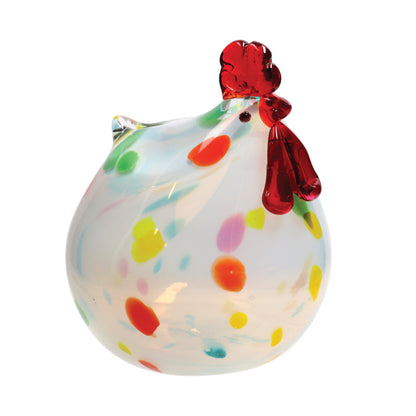 Gallina bassa in vetro soffiato opale con inserti colorati a coriandoli. Dimensioni: cm 15 x 14.5 x 18 h. In negozio e online su tuttochic.it