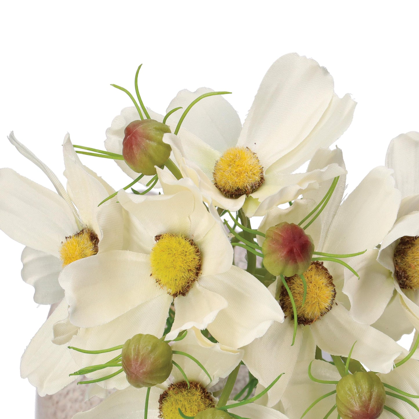 Mazzetto di fiori Cosmos bianchi artificiali, petali in tessuto steli in plastica. Dimensioni: altezza cm 26. In negozio e online su tuttochic.it