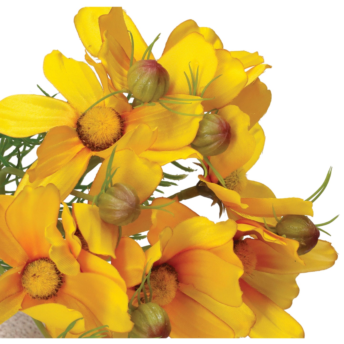 Mazzetto di fiori Cosmos gialli artificiali, petali in tessuto steli in plastica. Dimensioni: altezza cm 26. In negozio e online su tuttochic.it