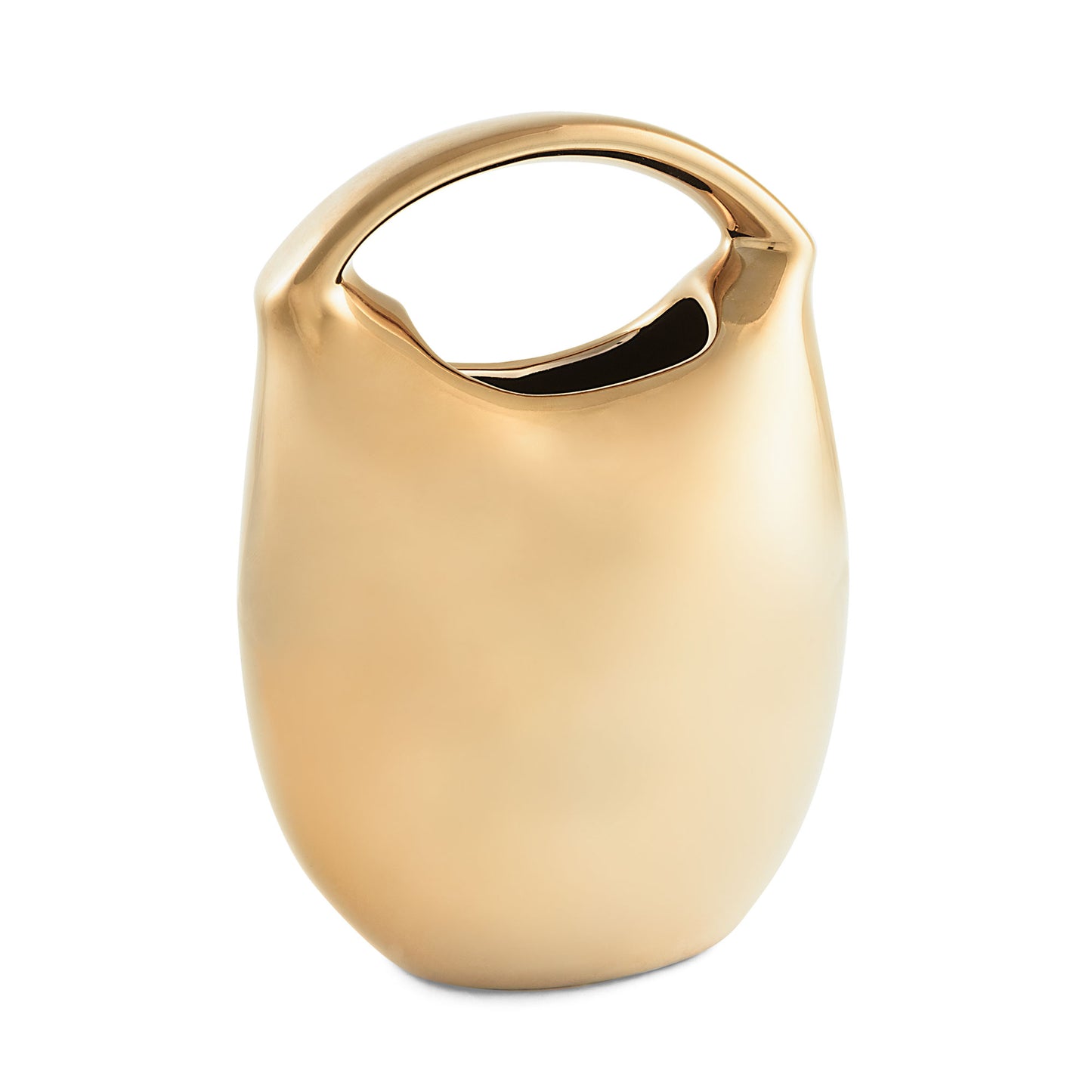 Esibisci il tuo gusto raffinato con il Vaso Borsa color oro lucido della collezione "LESFIZIOSE" di Rituali Domestici . Realizzato in gres, questo vaso portafiori aggiunge un tocco di eleganza a qualsiasi ambiente. Dimensioni: cm 13.5 x 10 x 18 h. In negozio e online su tuttochic.it