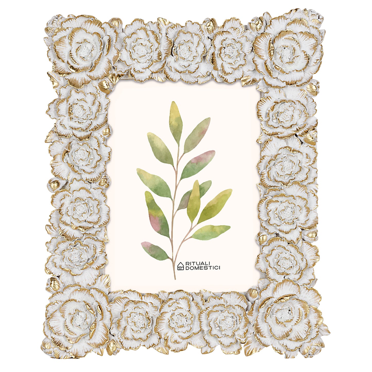 portafoto in pregiata resina con decoro fiori color bianco e oro, Disponibile in più misure per foto 20x25 - 15x20 - 10x15. In negozio e online su tuttochic.it