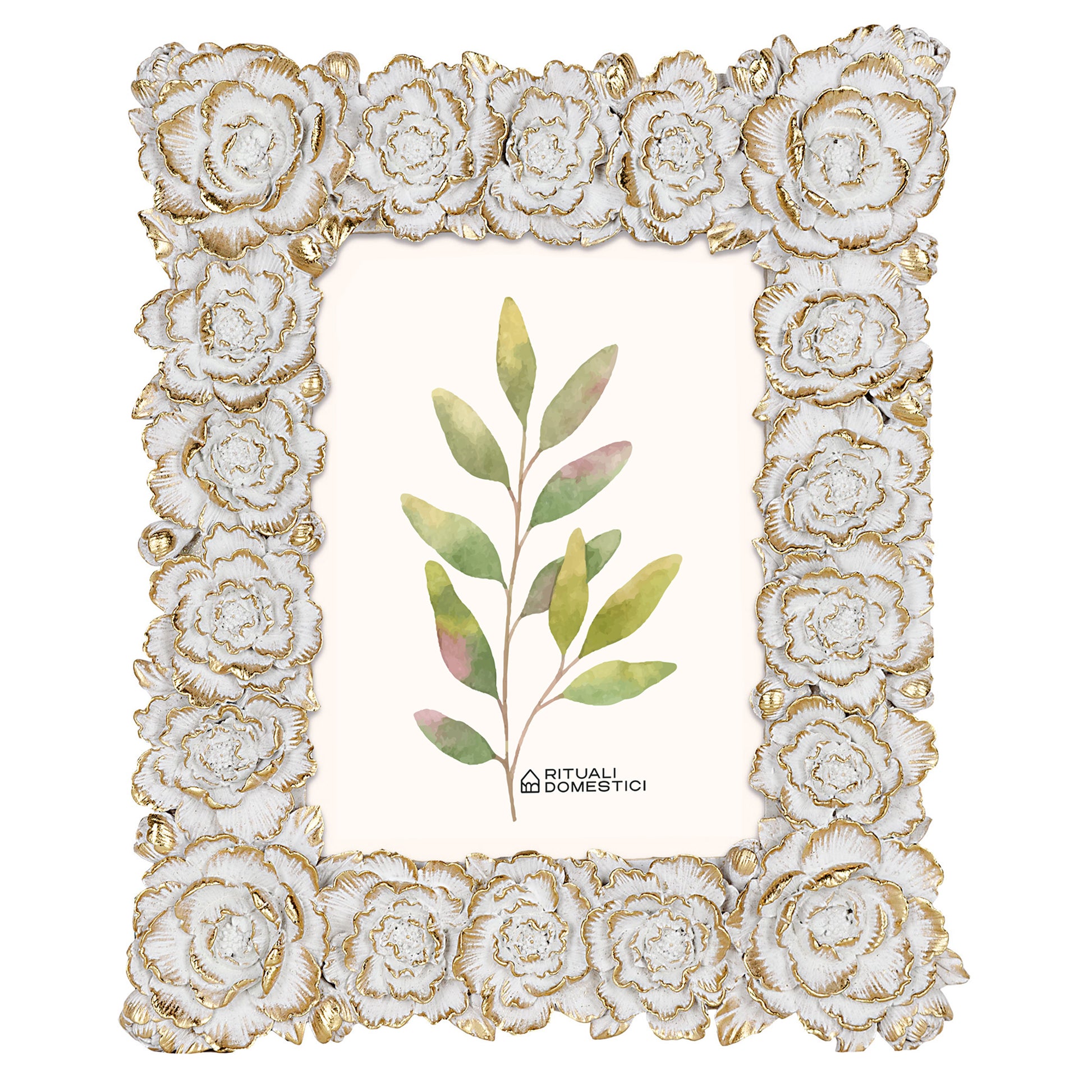 portafoto in pregiata resina con decoro fiori color bianco e oro, Disponibile in più misure per foto 20x25 - 15x20 - 10x15. In negozio e online su tuttochic.it