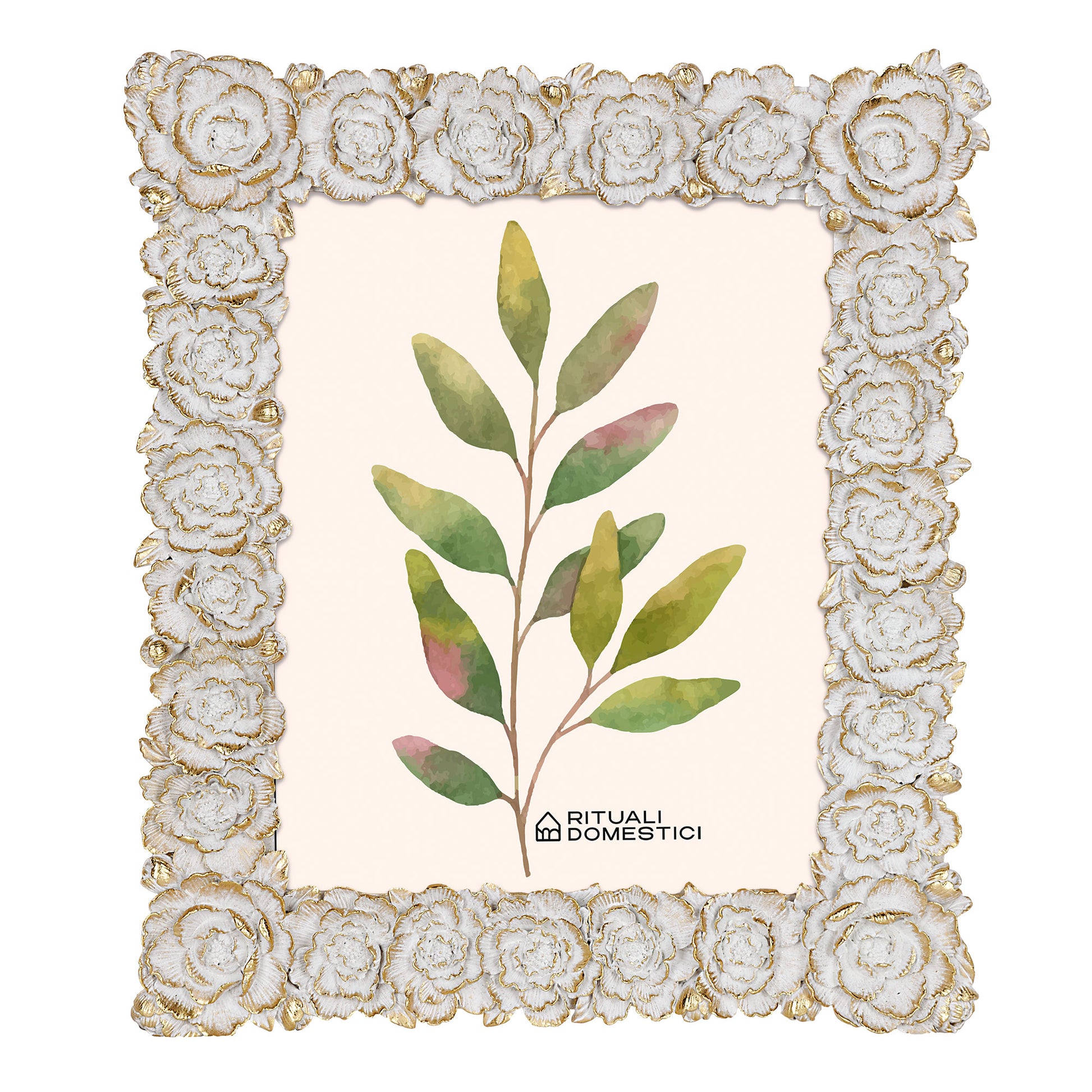 portafoto in pregiata resina con decoro fiori color bianco e oro, Disponibile in più misure per foto 20x25 - 15x20 - 10x15. In negozio e online su tuttochic.it