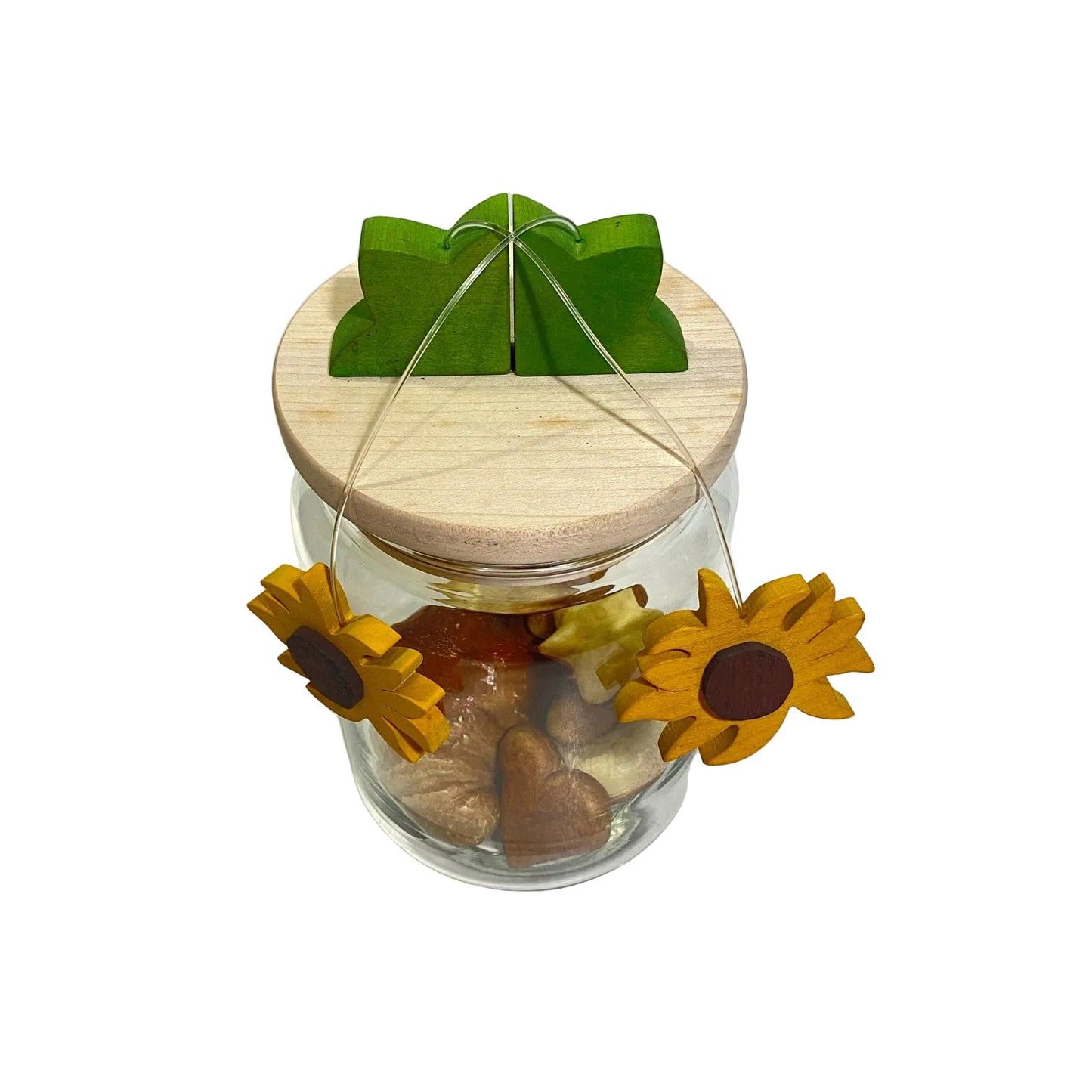 Biscottiera barattolo in vetro trasparente con coperchio in legno d'acero e pendenti a forma di girasole modello Girasole di Legnomagia.