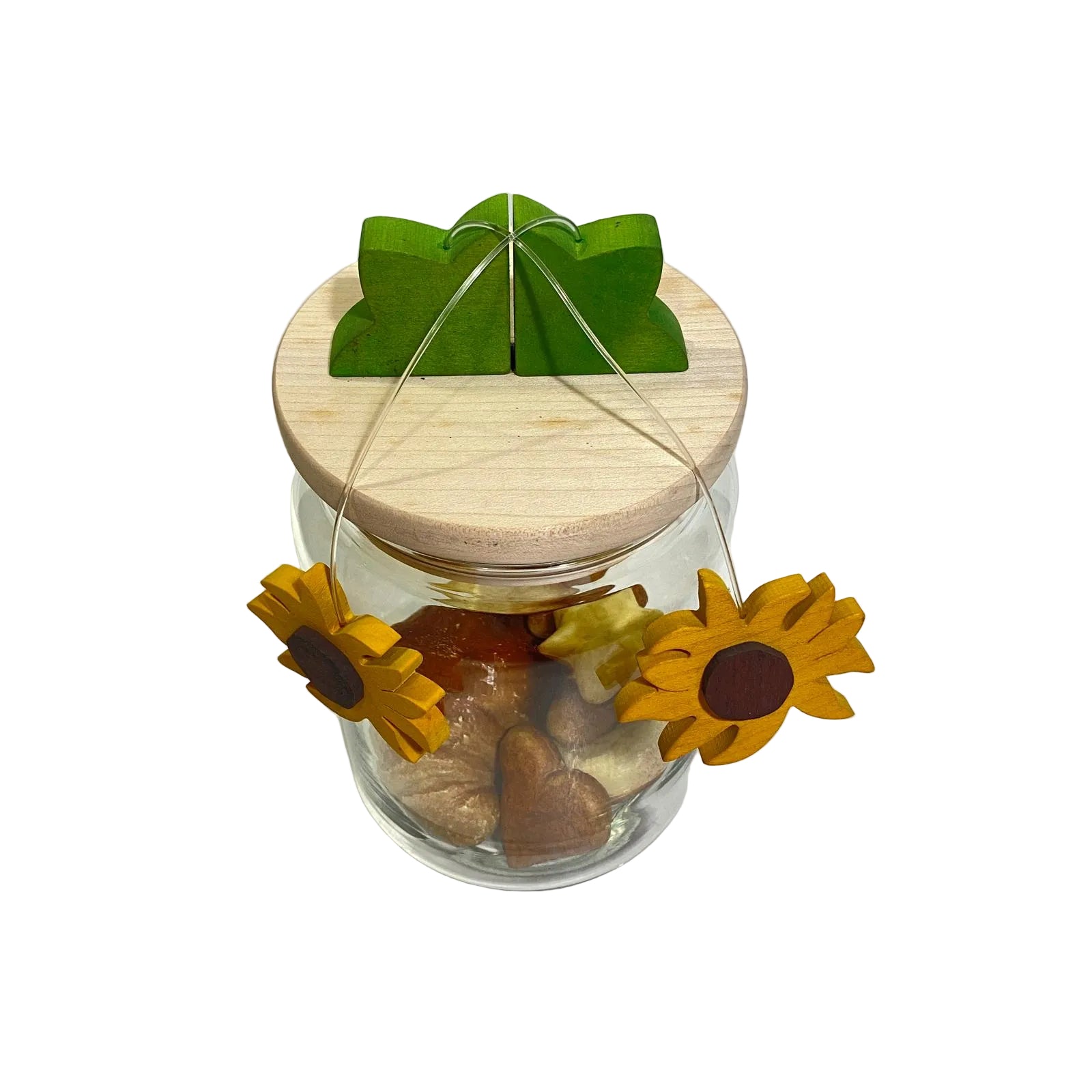 Biscottiera barattolo in vetro trasparente con coperchio in legno d'acero e pendenti a forma di girasole modello Girasole di Legnomagia.