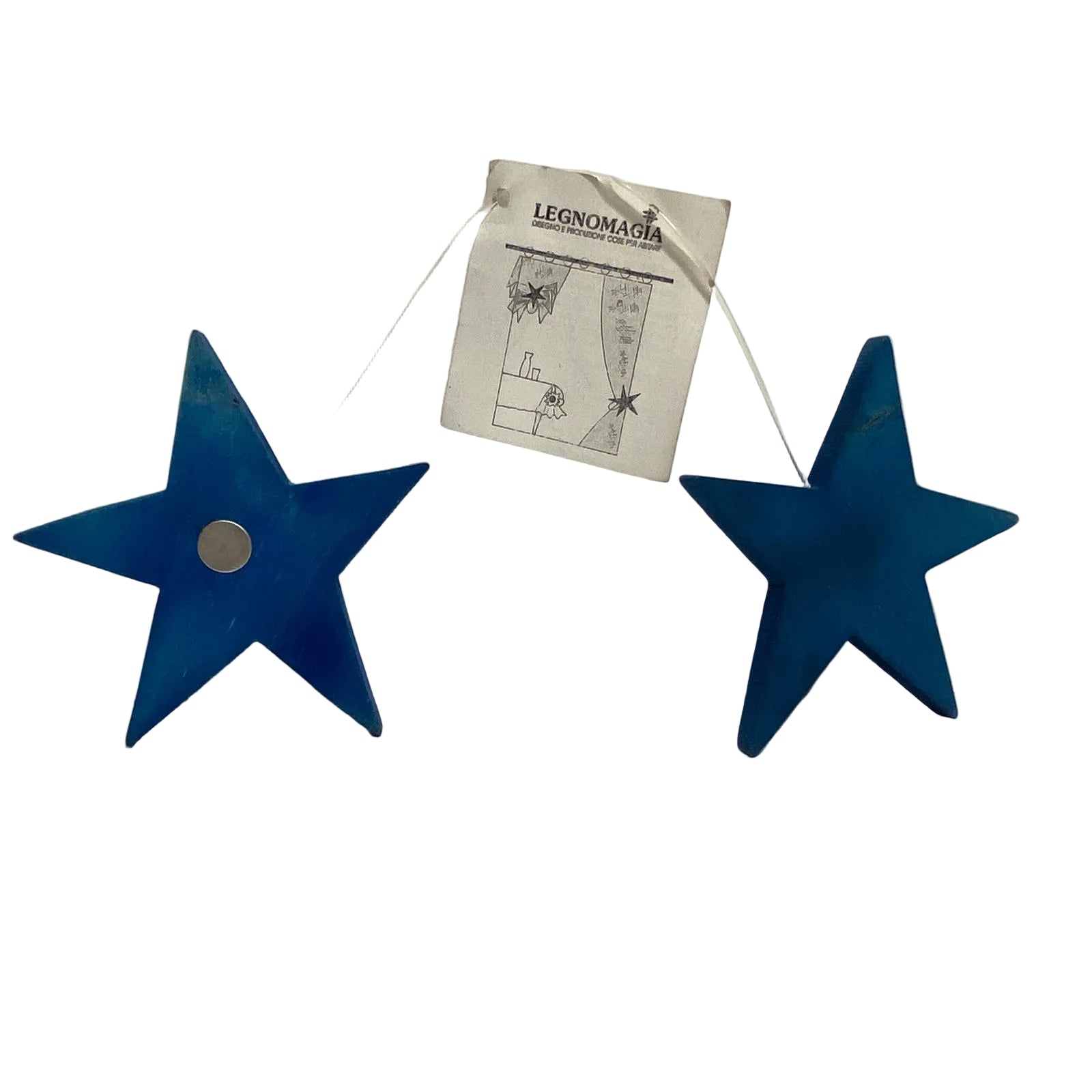 Coppia di stelle magnetiche in legno massello blu unite da filo trasparente per drappeggio tende e fermatovaglie di Legnomagia.