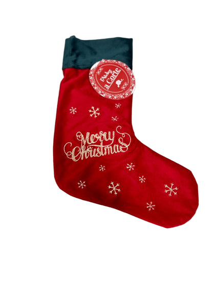 Calza natalizia in velluto rosso e verde con ricamo Merry Christmas oro