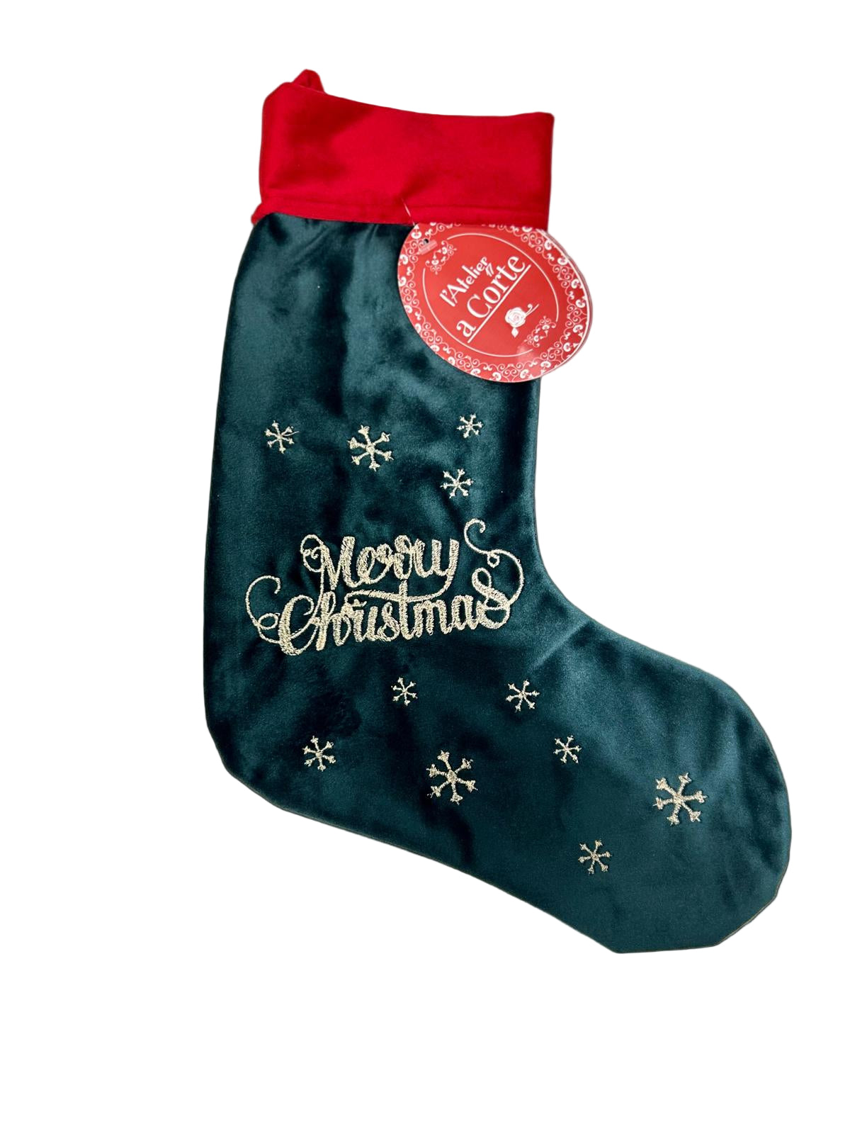 Calza natalizia in velluto rosso e verde con ricamo Merry Christmas oro