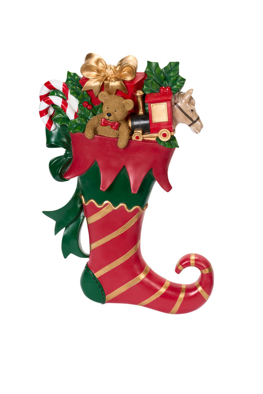 Maxi calza di Natale decorativa in resina con punta a ricciolo e giocattoli vintage, altezza 78 cm, collezione Vintage Toys Nuvole di Stoffa, Tutto Chic.