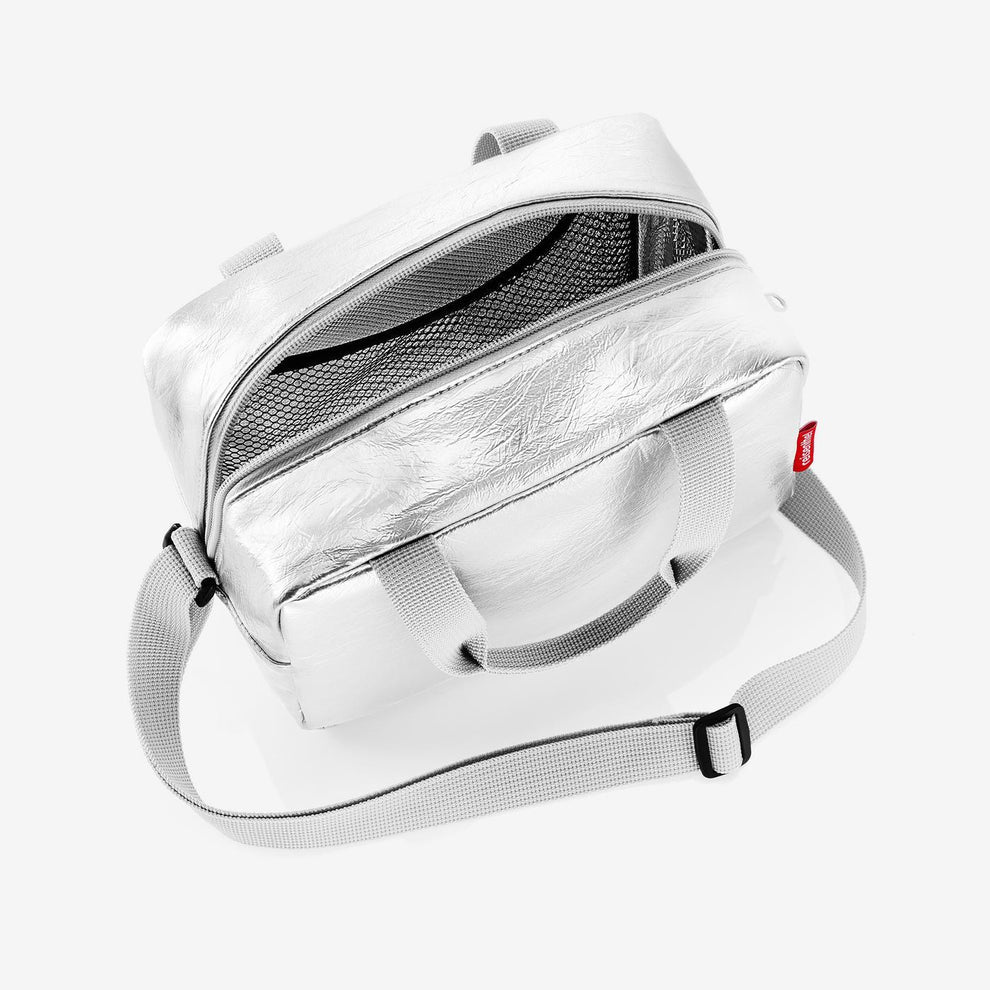 Scomparto termico in alluminio e tasca in rete della borsa 3L argento.