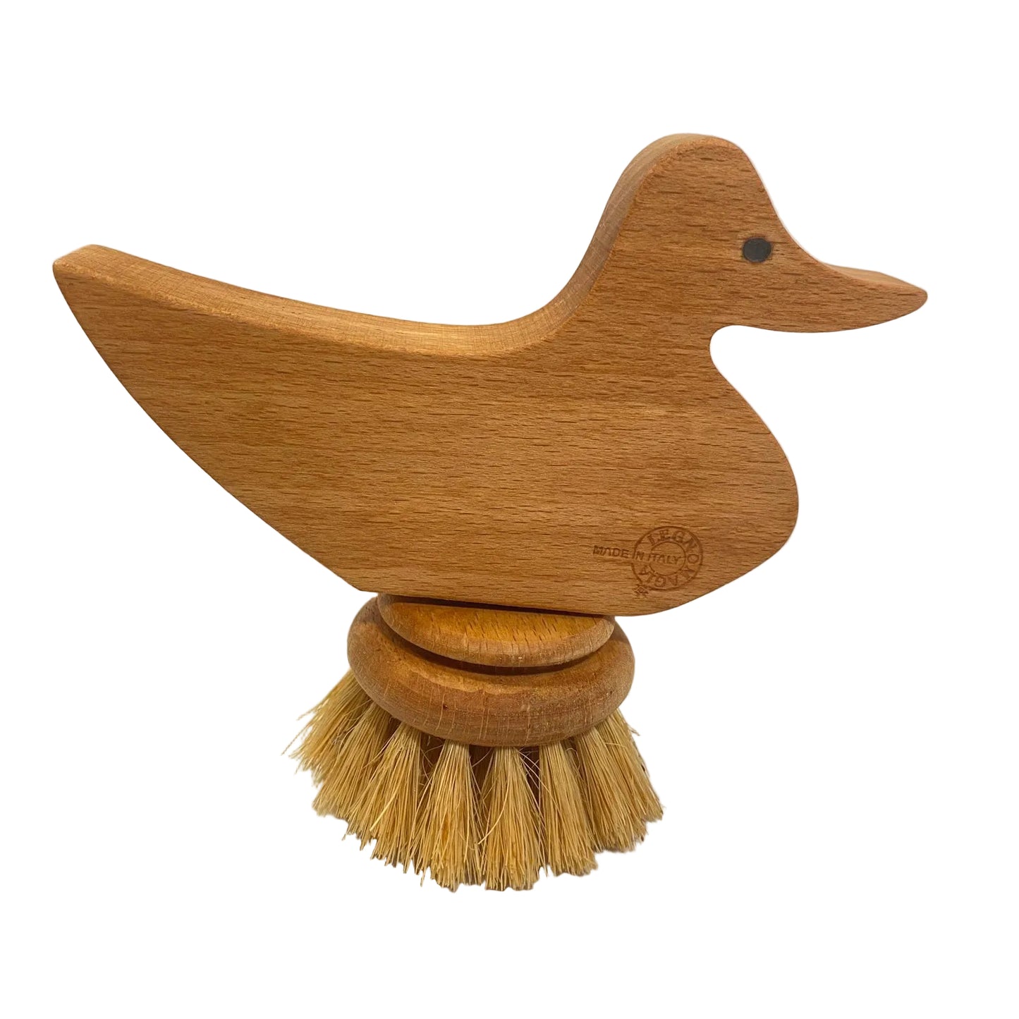 Spazzolino da piatti ecologico in legno di faggio sagomato ad anatra con testa di fibra naturale modello Anatra di Legnomagia.