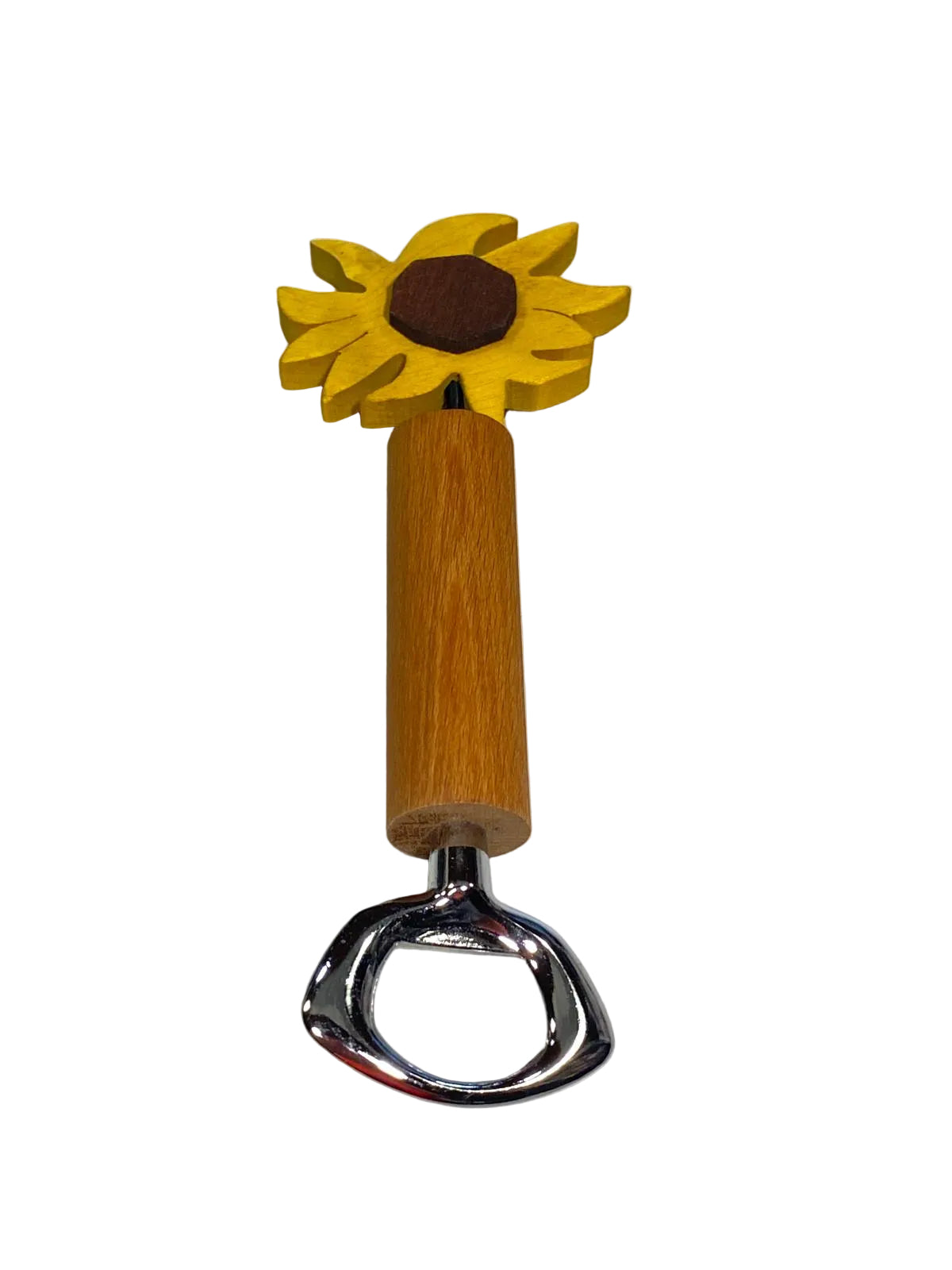 Apribottiglie a leva in metallo cromato con manico in legno d'acero e decoro a girasole modello Girasole di Legnomagia.