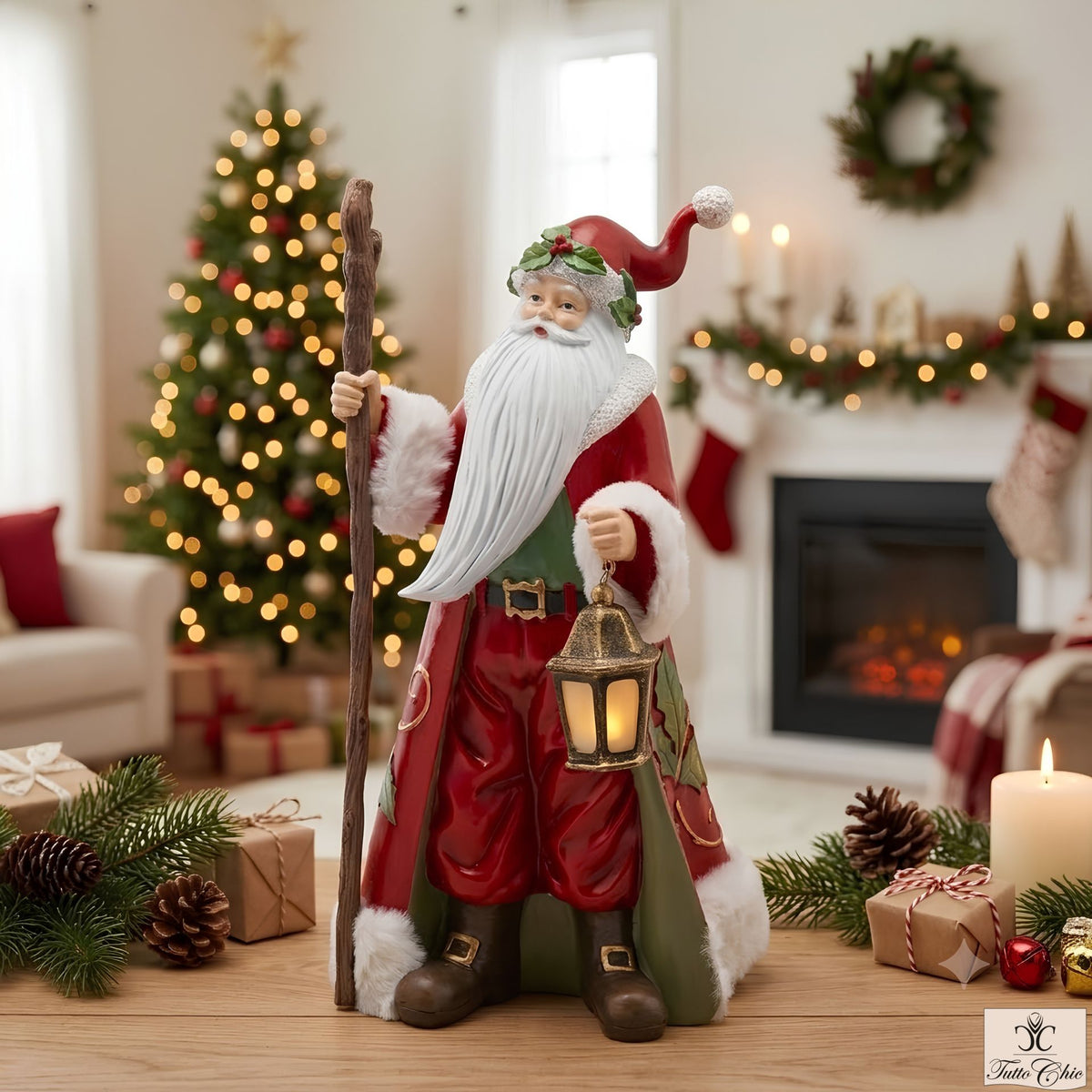 Statuetta Babbo Natale EDG in resina con bastone e lanterna a luce fioca altezza 34 cm   