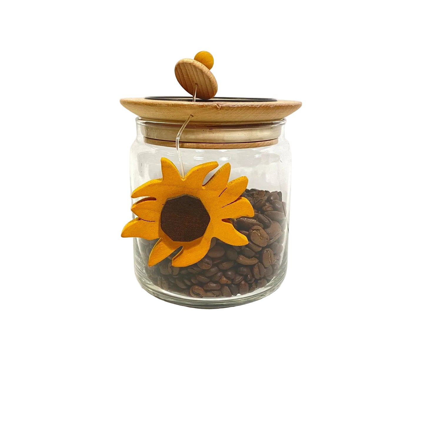 Barattolo ermetico in vetro trasparente con coperchio in legno d'acero e decoro a girasole pendente modello Girasole di Legnomagia.
