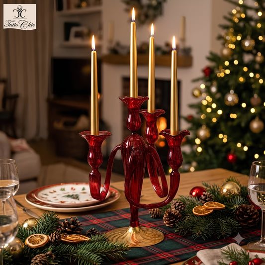 Candeliere artistico a 4 fiamme in vetro soffiato rosso rubino con base oro h 34 cm Cangini e Tucci