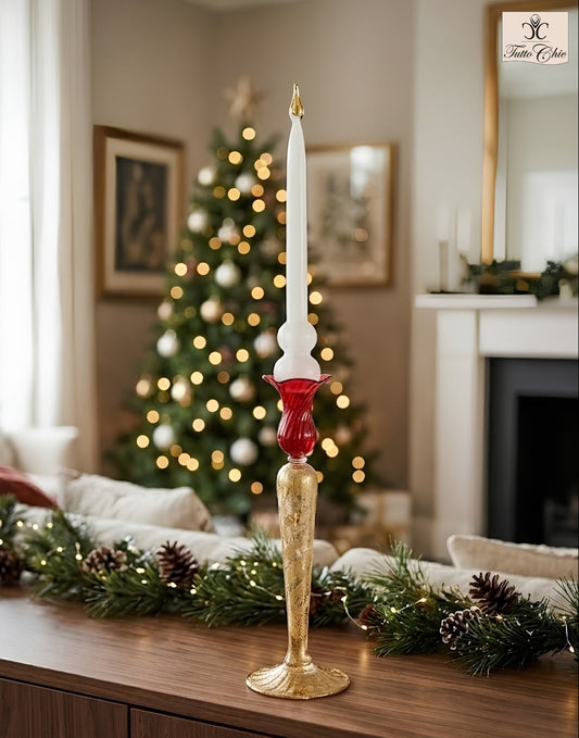 Candeliere artistico in vetro soffiato oro e rosso con candela in vetro satinato h 60 cm Cangini e Tucci