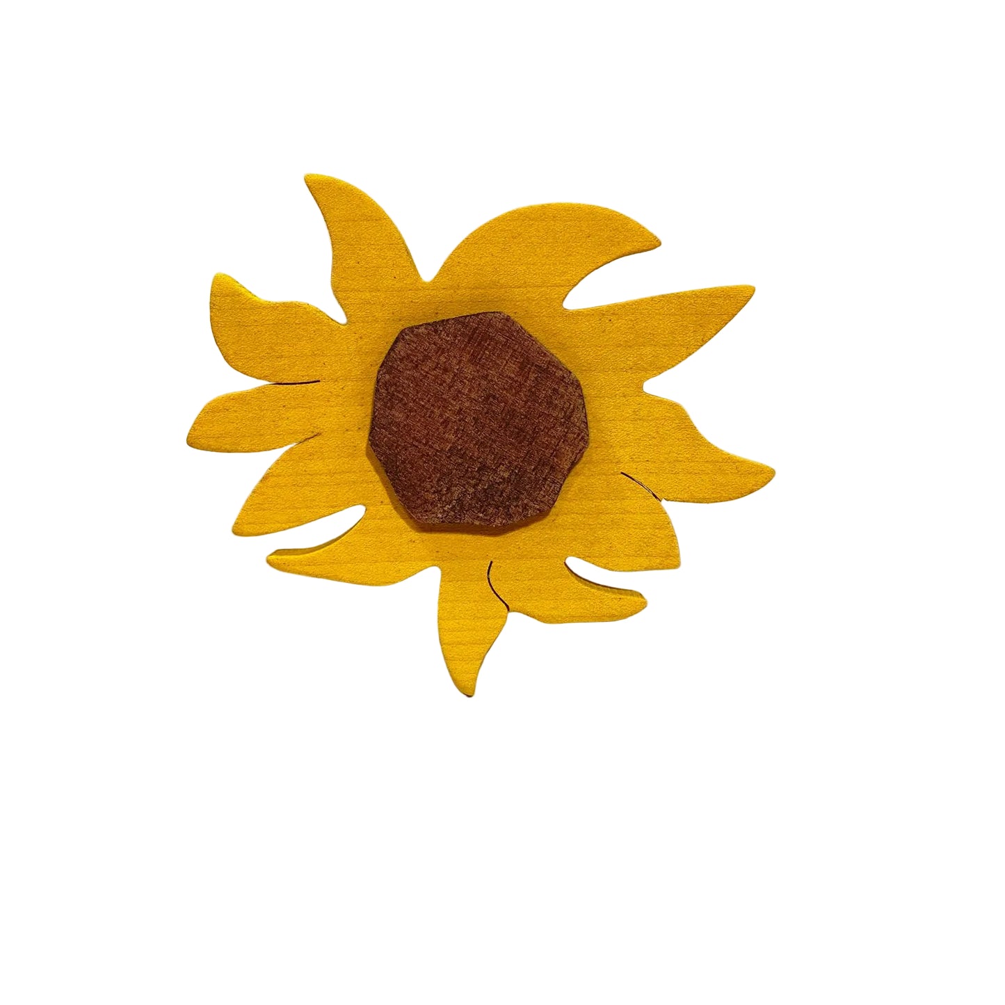 Clip molletta chiudipacco in legno d'acero massello con decoro frontale a forma di girasole, retro con molla, modello Girasole di Legnomagia.