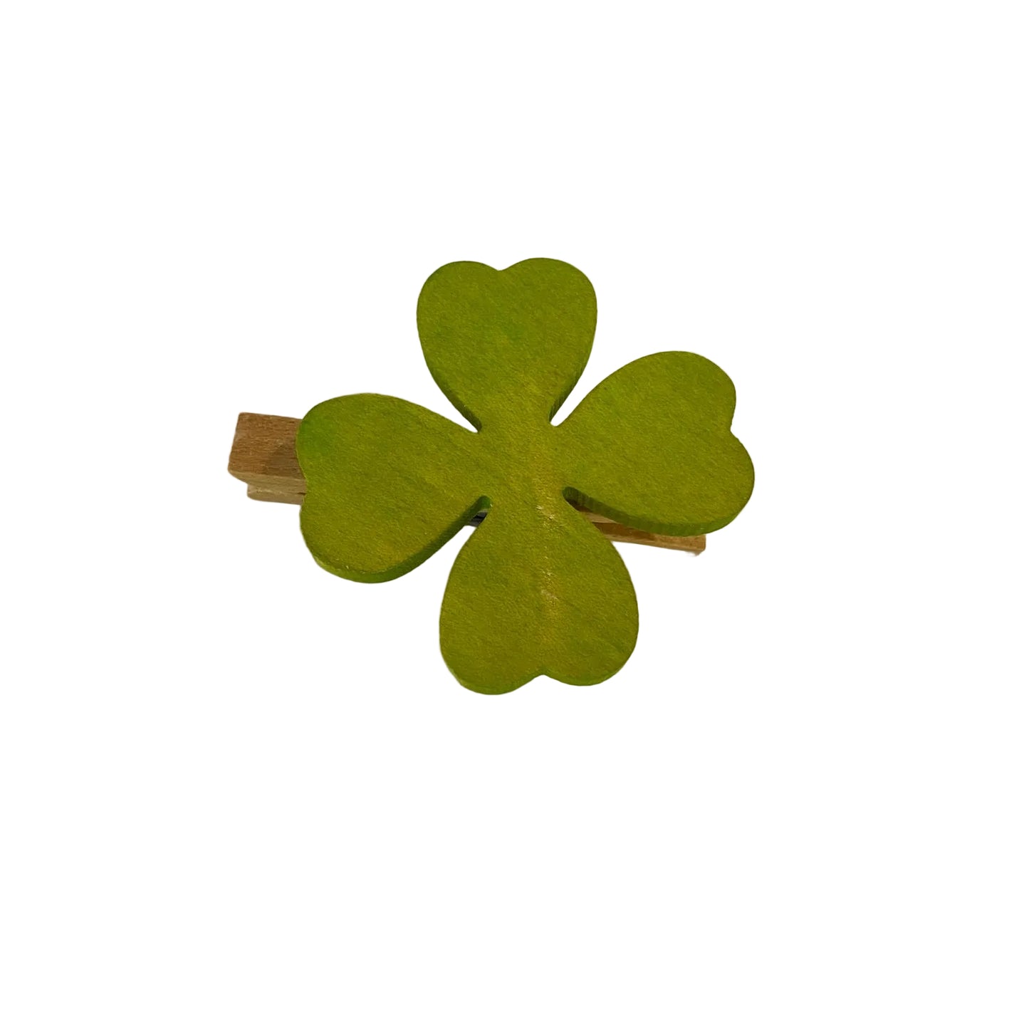 Molletta chiudibusta in legno con sagoma decorativa a forma di quadrifoglio verde portafortuna modello Quadrifoglio di Legnomagia.