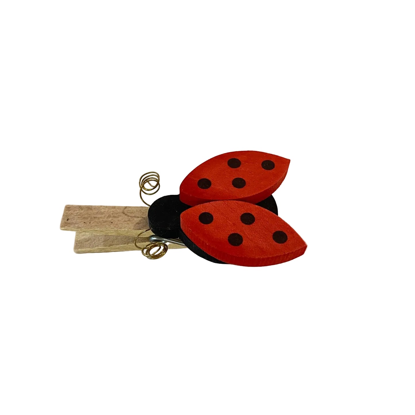 Molletta chiudibusta in legno con sagoma decorativa a forma di coccinella portafortuna con antenne a spirale modello Coccinella di Legnomagia.
