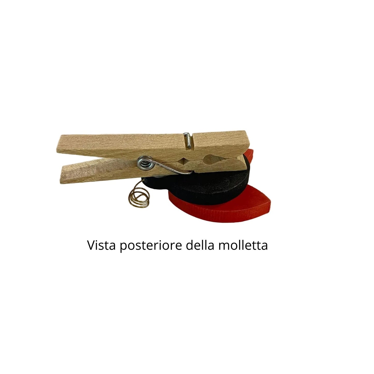 Vista laterale della molletta chiudibusta in legno naturale con molla metallica e corpo decorato della coccinella di Legnomagia.