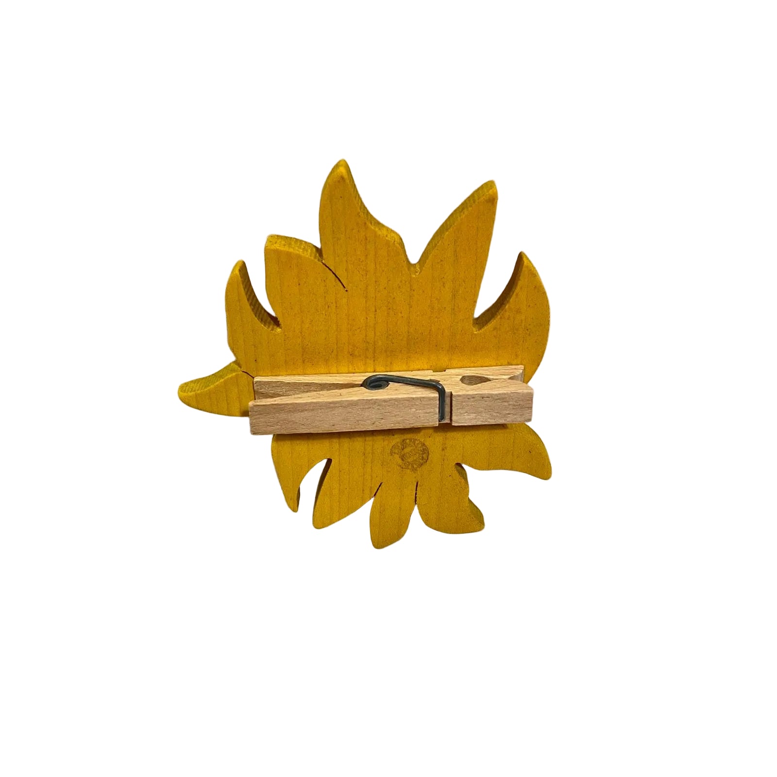 Clip molletta chiudipacco in legno d'acero massello con decoro frontale a forma di girasole, retro con molla, modello Girasole di Legnomagia.
