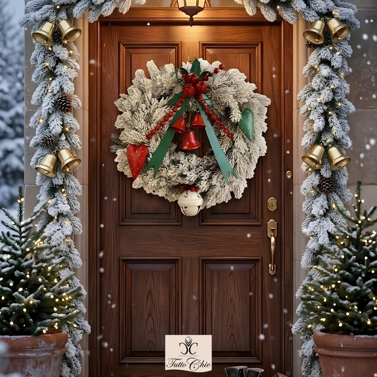 Corona di Natale innevata con campane rosse e cuori in metallo decorativi