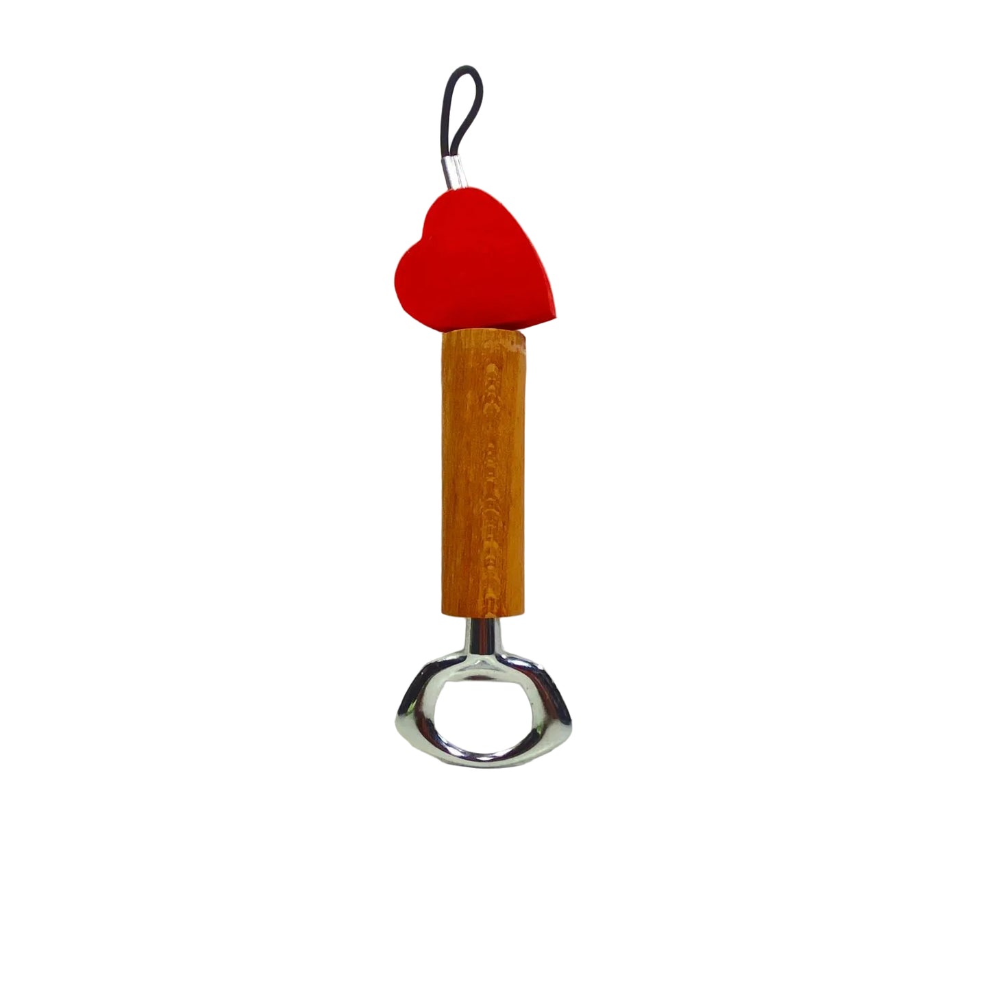 Apribottiglie a leva in metallo cromato con manico in legno d'acero e decoro con cuore rosso modello Cuore di Legnomagia.