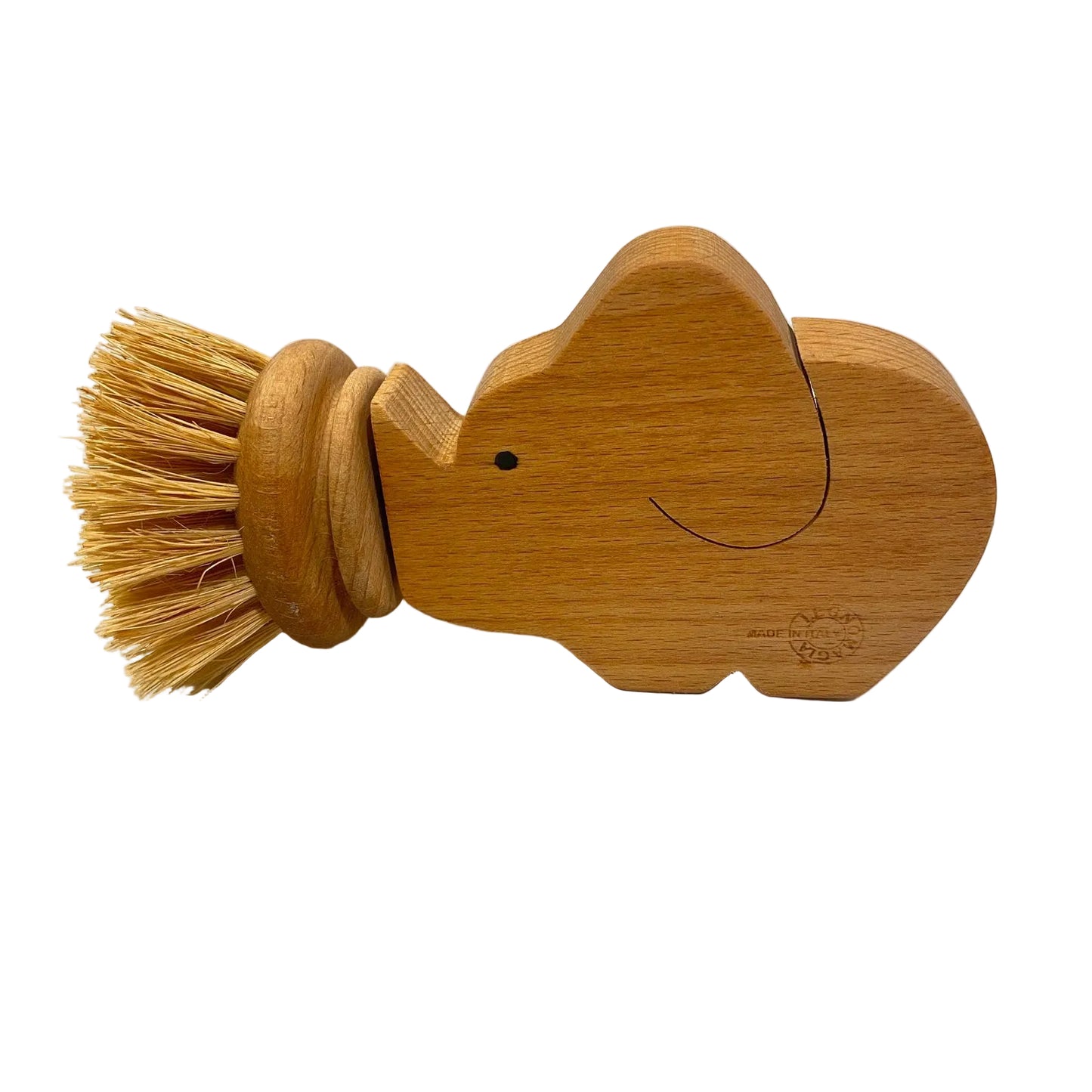 Spazzolino per lavare i piatti in legno di faggio a forma di elefantino con spazzola in fibra vegetale naturale modello Elefantino di Legnomagia.