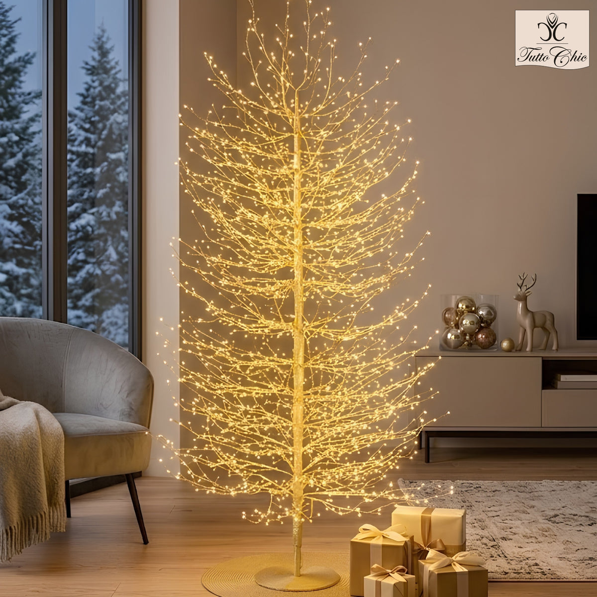 Albero di Faggio in metallo color oro con 2000 microled. Dimensioni: altezza cm 180, diametro cm 90