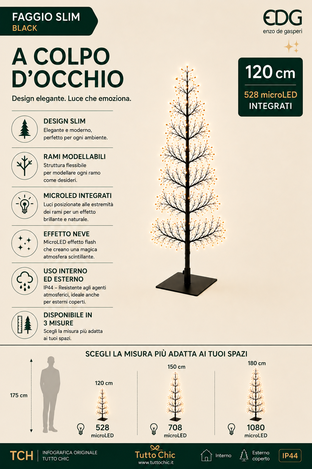 Albero di Natale Luminoso "Faggio Slim" Black – 528 LED – H 120 cm – EDG Enzo De Gasperi
