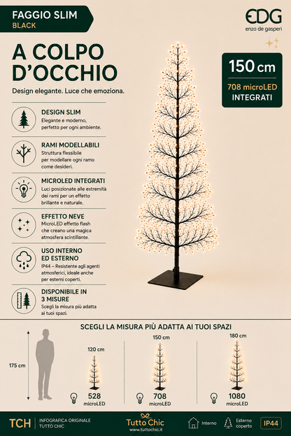 Albero di Natale Luminoso "Faggio Slim" Black – 708 LED – H 150 cm – EDG Enzo De Gasperi