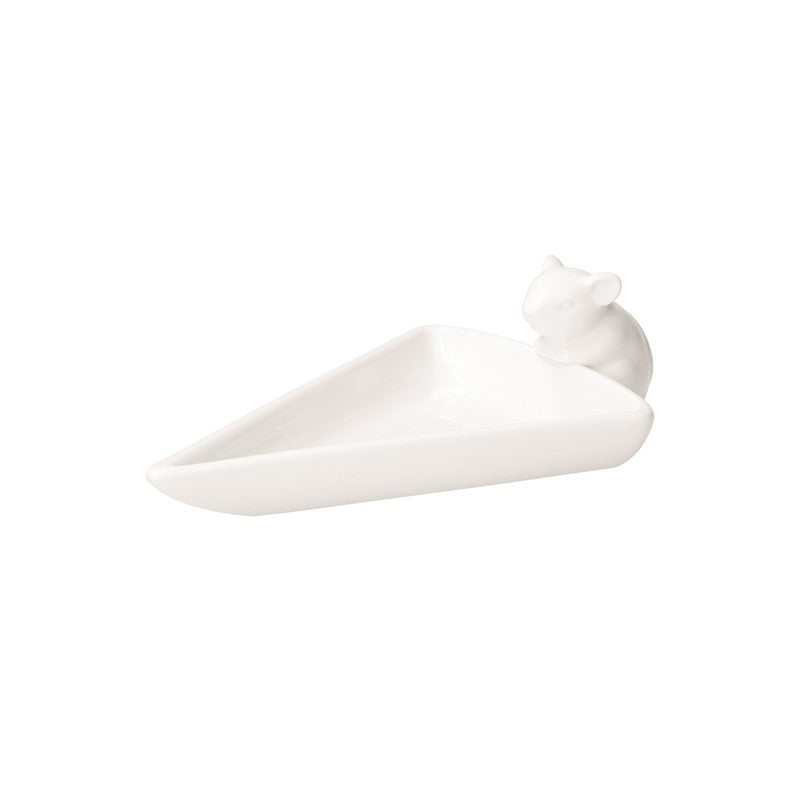 Contenitore in porcellana di colore bianca a forma triangolare con manico a forma di topolino. Dimensioni: 20,5 x 12 x h 5,5 cm. Lavabile in lavastoviglie. In negozio e online su tuttochic.it
