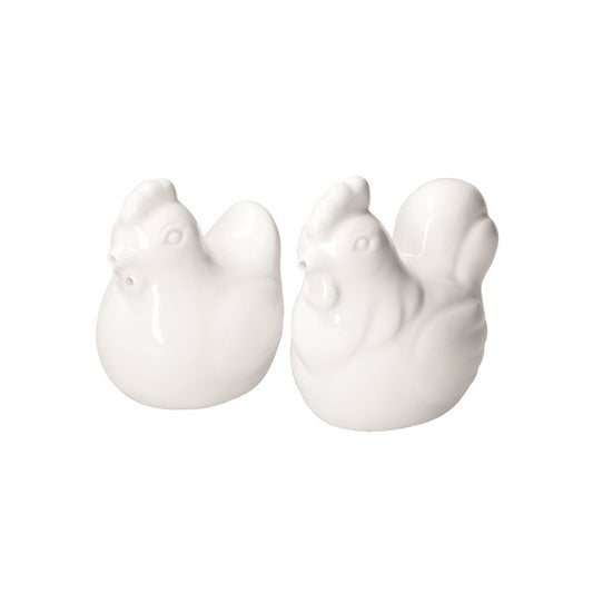 Set di 2 contenitori per sale e pepe in porcellana di colore bianca a forma di gallina. Dimensioni singolo pezzo: 5xh8 cm. In negozio e online su tuttochic.it