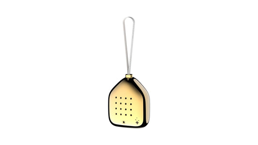 Decorazione natalizia acustica Relaxound Jingle Bells Gold Glow in finitura oro a specchio con laccetto bianco