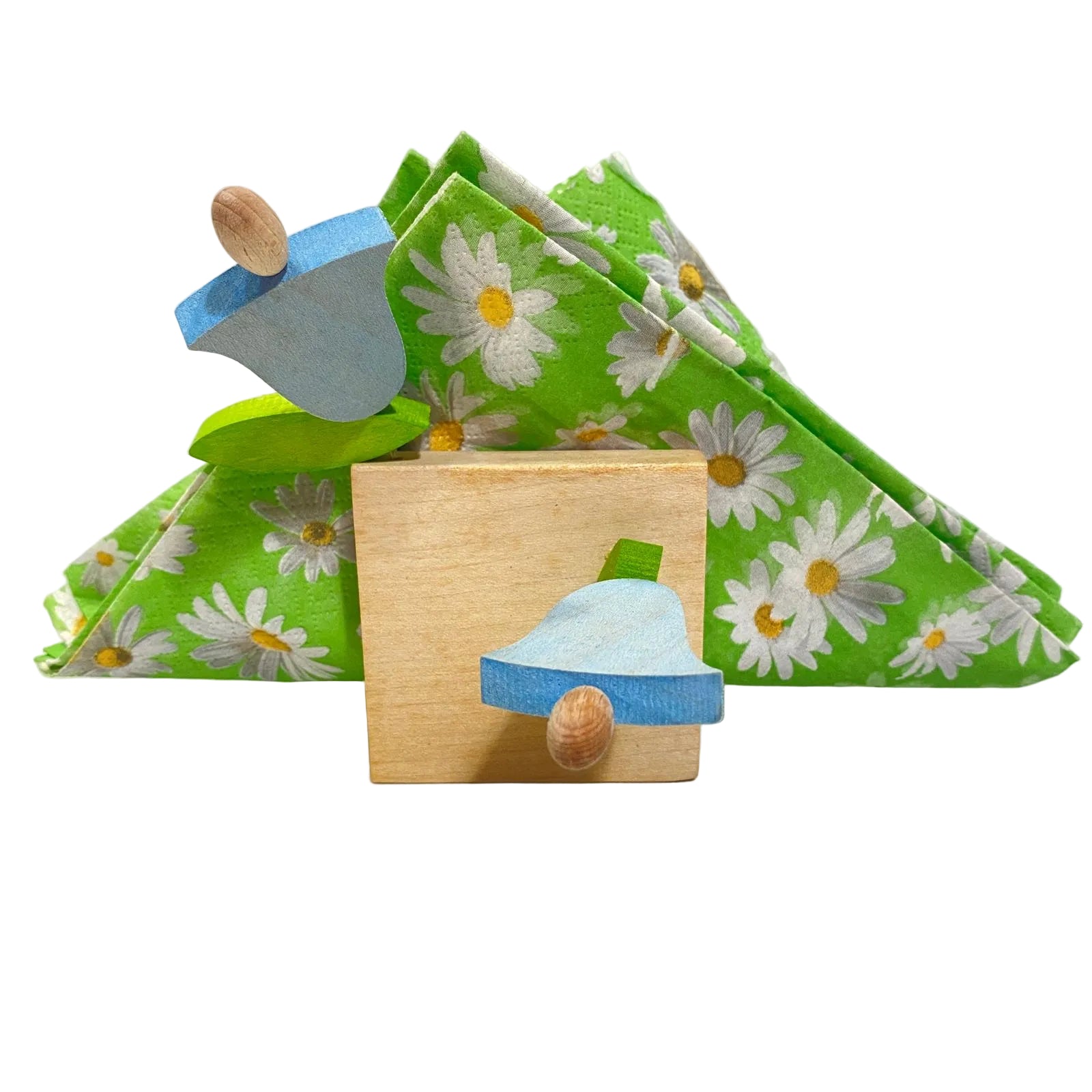 Portatovaglioli compatto in legno d'acero massello con pendenti decorativi azzurri a forma di fiore modello Giardino di Legnomagia.