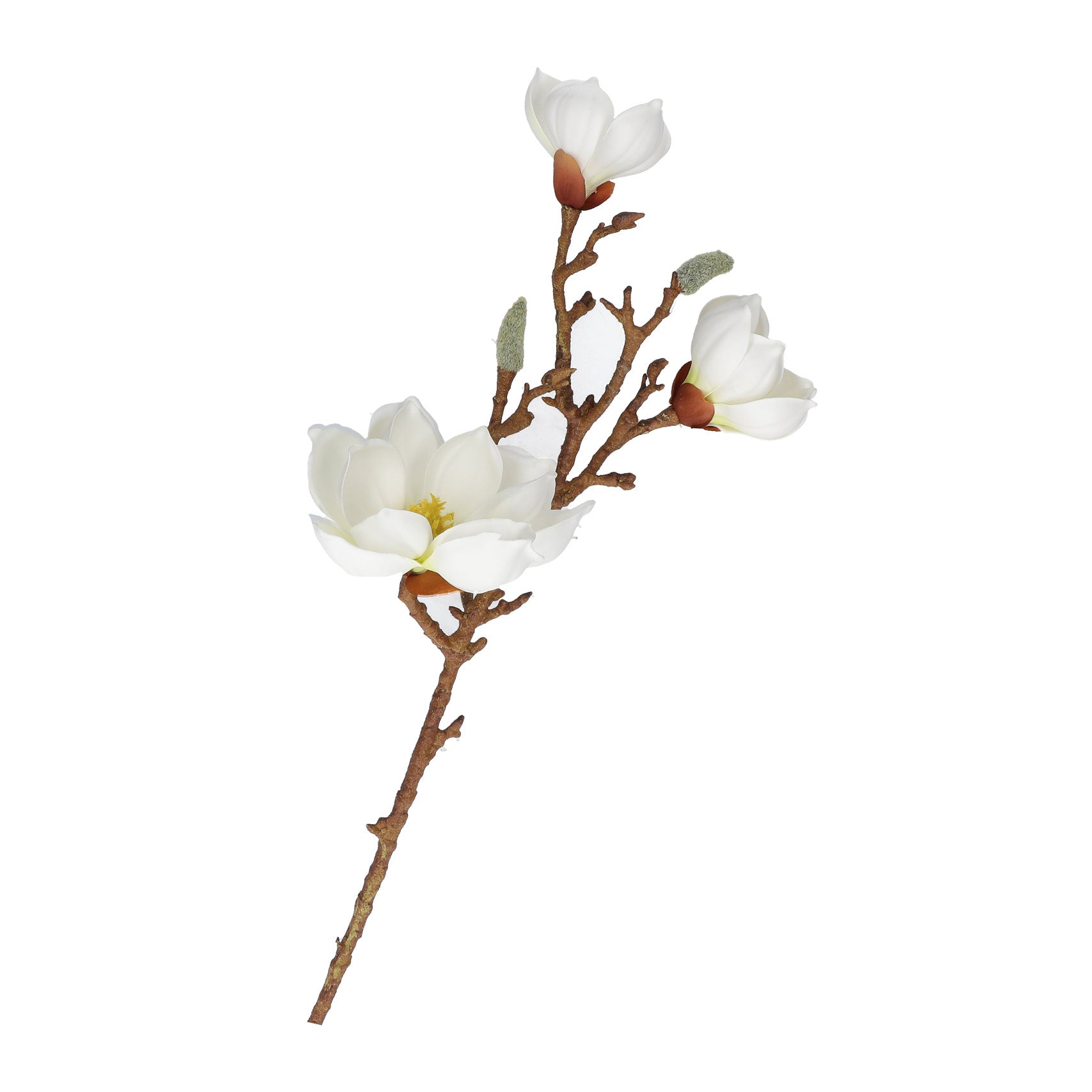 Fiore artificiale di Magnolia  Petali in lattice di colore bianco, stelo in plastica di colore marrone. Dimensioni: altezza cm 57, fiore grande Ø 14 cm. In negozio e online su tuttochic.it