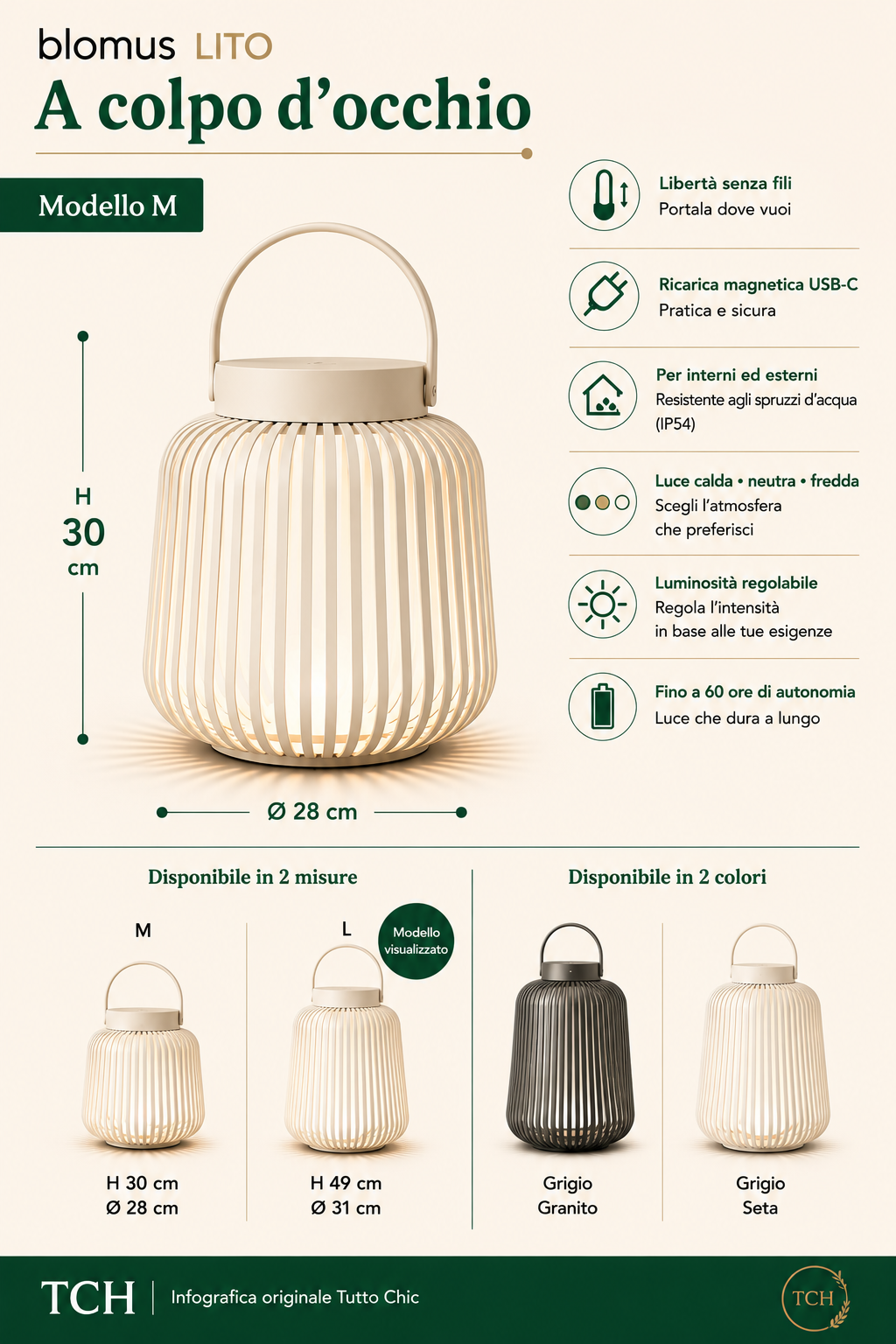 Lampada LED Ricaricabile da Esterno LITO M H 30 cm – Lanterna Mobile Dimmerabile – Blomus