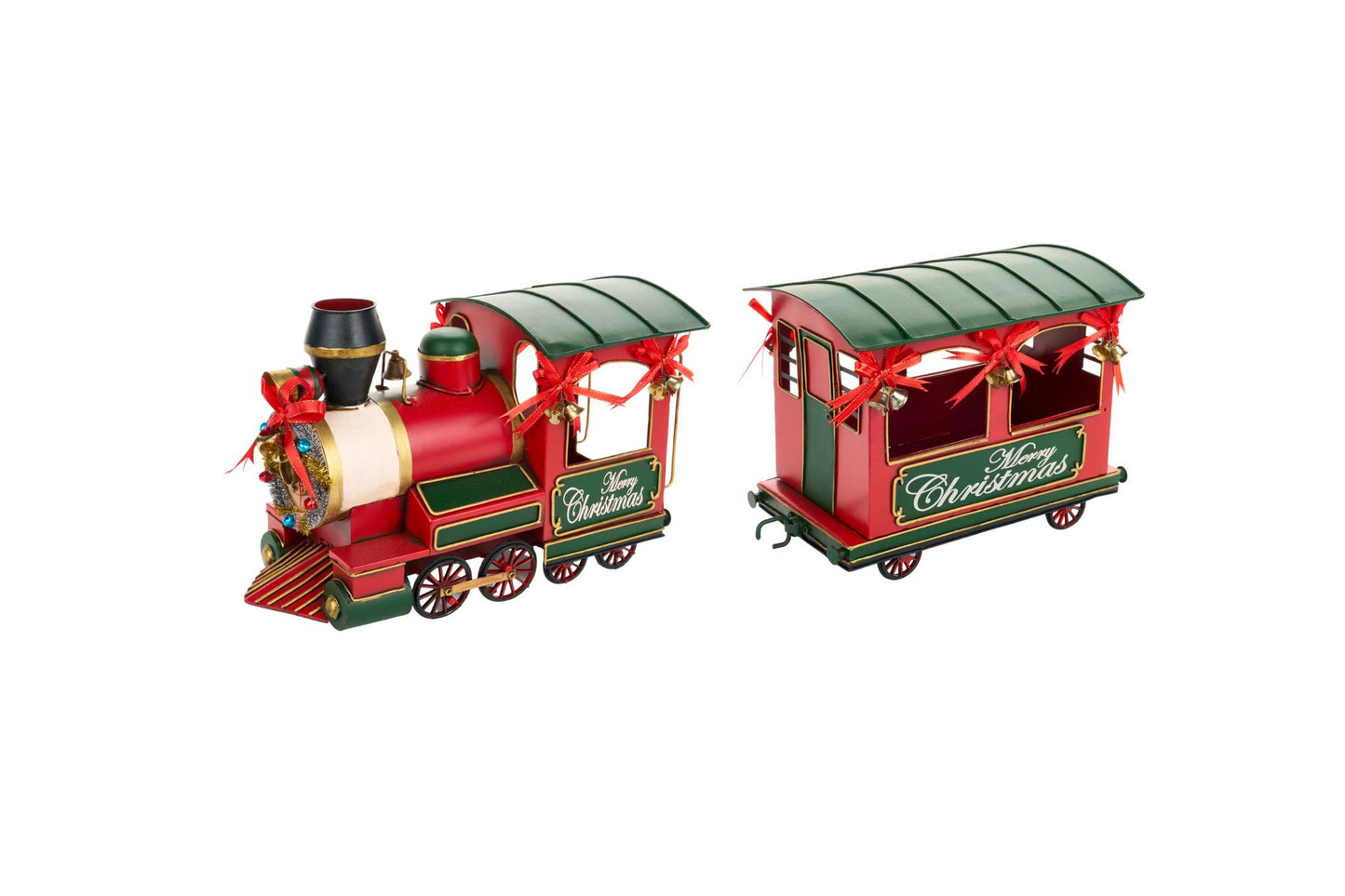Set di due pezzi in metallo composto da locomotiva e vagone passeggeri rosso e verde con scritta Merry Christmas, collezione Vintage Toys Nuvole di Stoffa, Tutto Chic.
