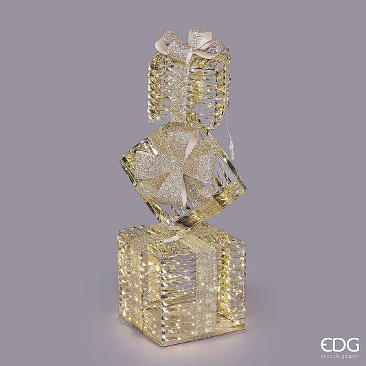 Decoro natalizio a forma di pacco regalo con 600 microled luce calda, timer e luci fisse. Firmato EDG. Ideale per interni, vetrine ed eventi natalizi. tuttochic.it